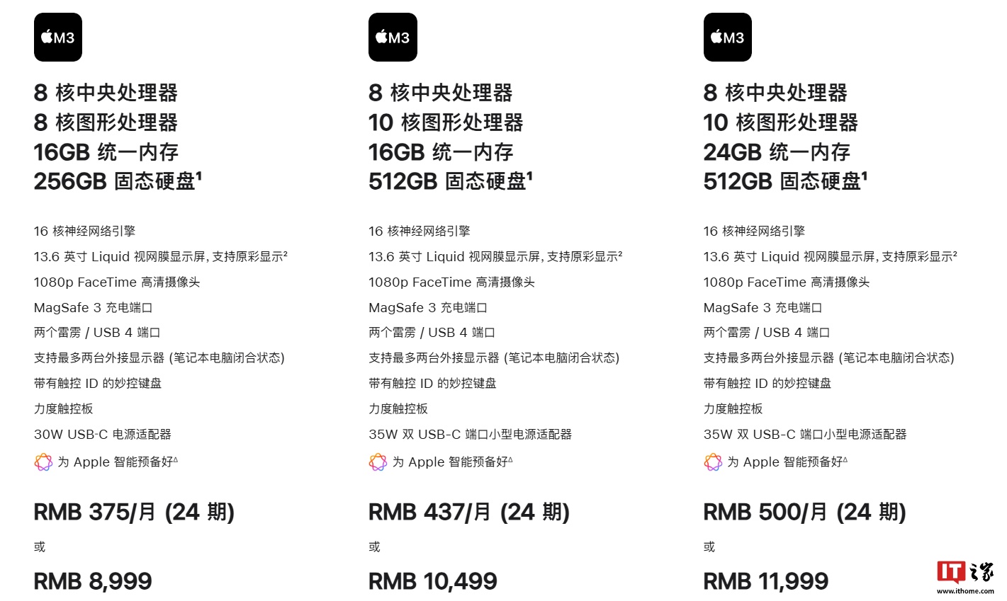 苹果 M2 / M3 版 MacBook Air 标配升级至 16GB 内存，国行价格 7999 元起